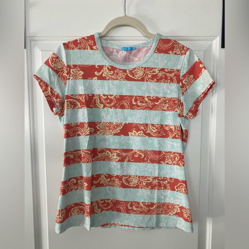 J. McLaughlin Red and Light Blue Striped Paisley Tee